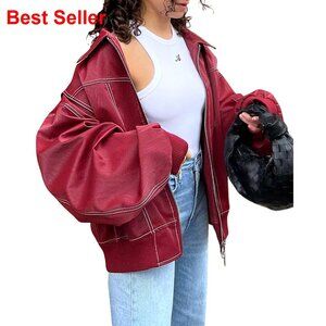 Oversized Faux Leather Motorcycle Jacket Women's Winter Coat Zip Up
